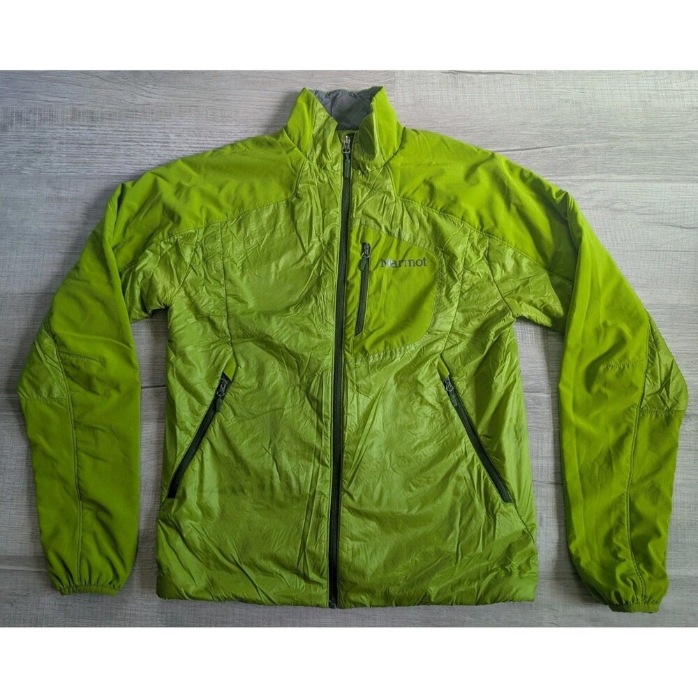 Marmot Insulated Nylon Jacket Size S Mens Full Zip Stand Collar Zip Pocket Green